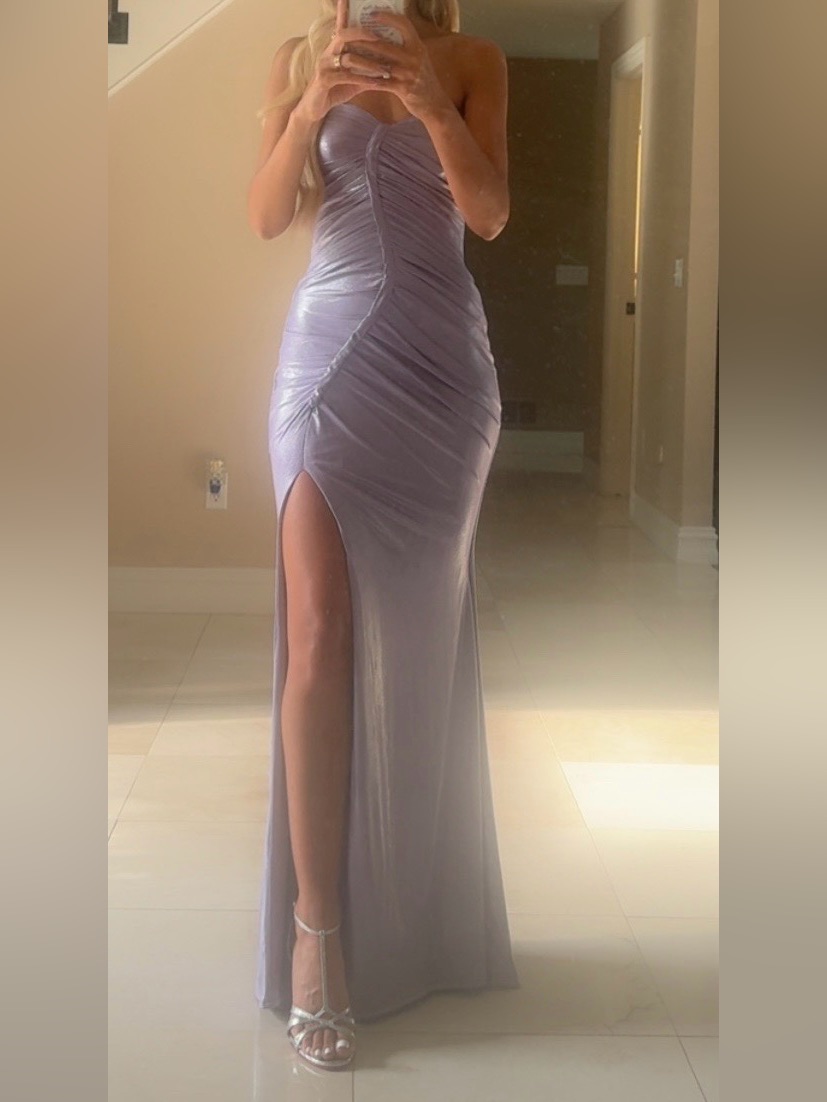 Strapless Lavender Ruched Maxi Dress With Side Slit